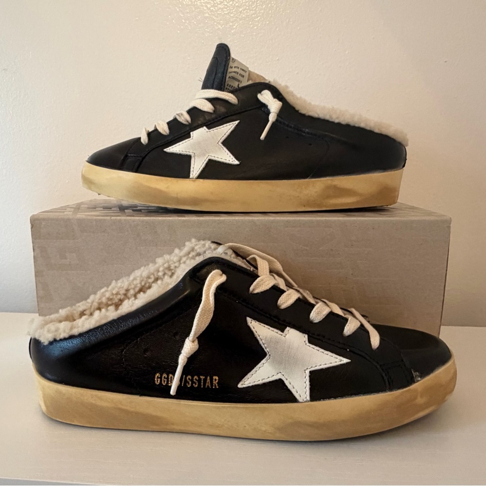 Golden Goose Black and White Shearling Superstar Sabot Sneakers - Picture 2 of 7